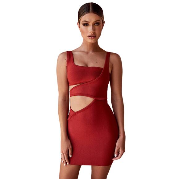 HOUSE OF CB Michi Rust Cutout Bandage Bodycon Mini Dress Large Sleeveless NWT - Picture 1 of 9
